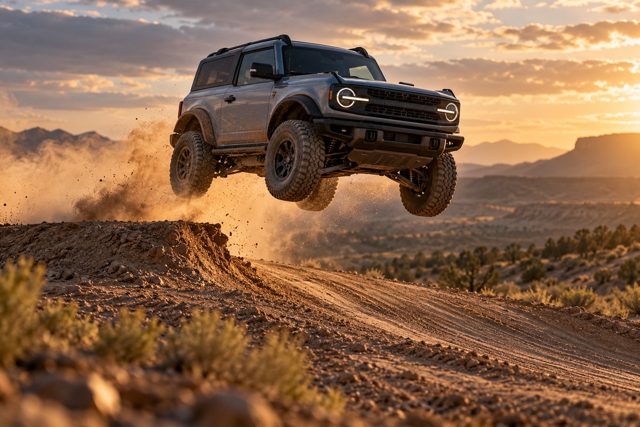 A gray Ford Bronco airborne after launching off a dirt ramp in a desert landscape at sunset