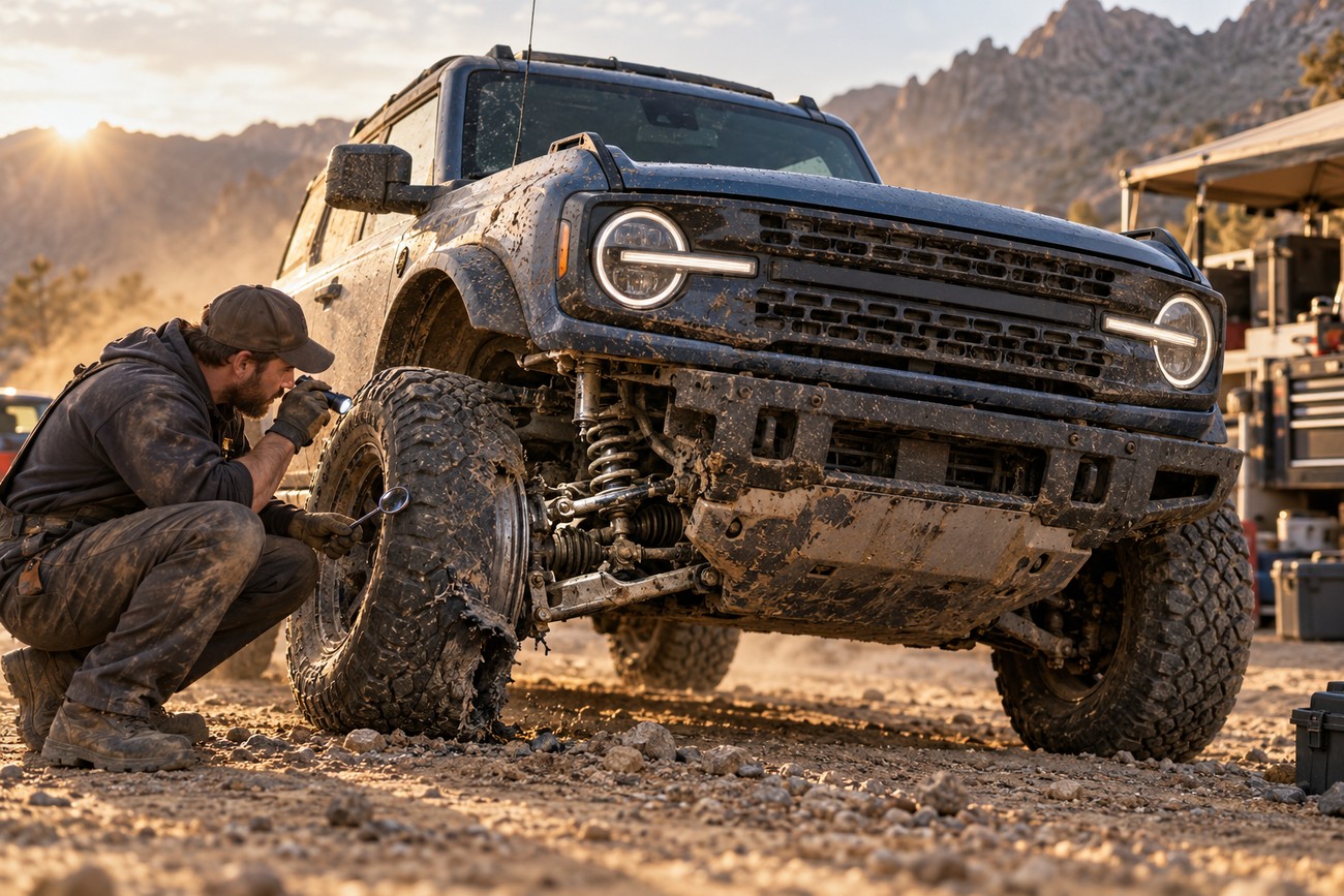 A mechanic inspecting the damaged front tire and suspension of a muddy Ford Bronco outdoors