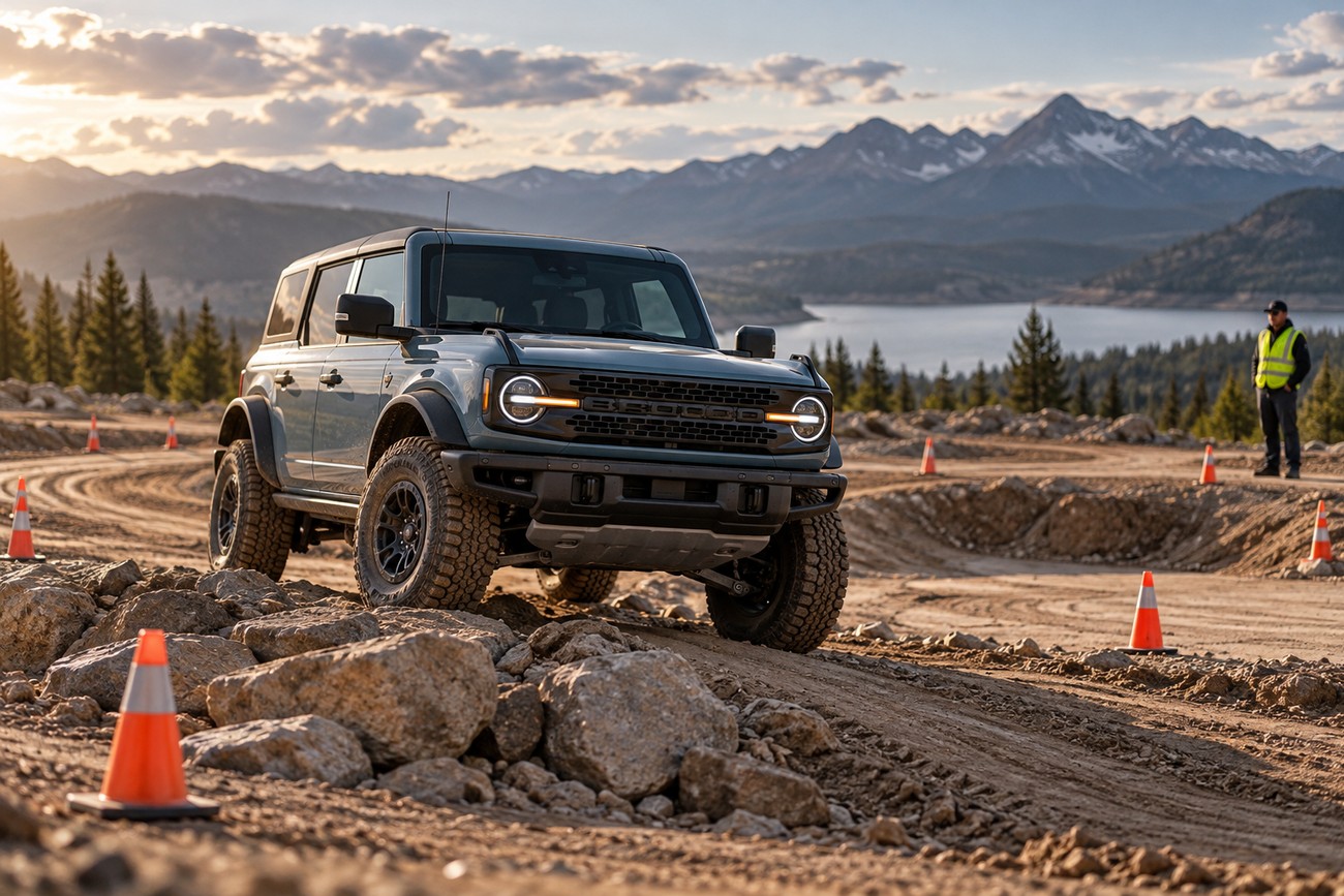 A grey Ford Bronco navigating a rocky dirt track with safety cones and mountains in the background