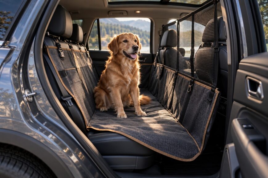 A golden retriever sitting safely on a gray car seat hammock with a mesh pet barrier in the back seat