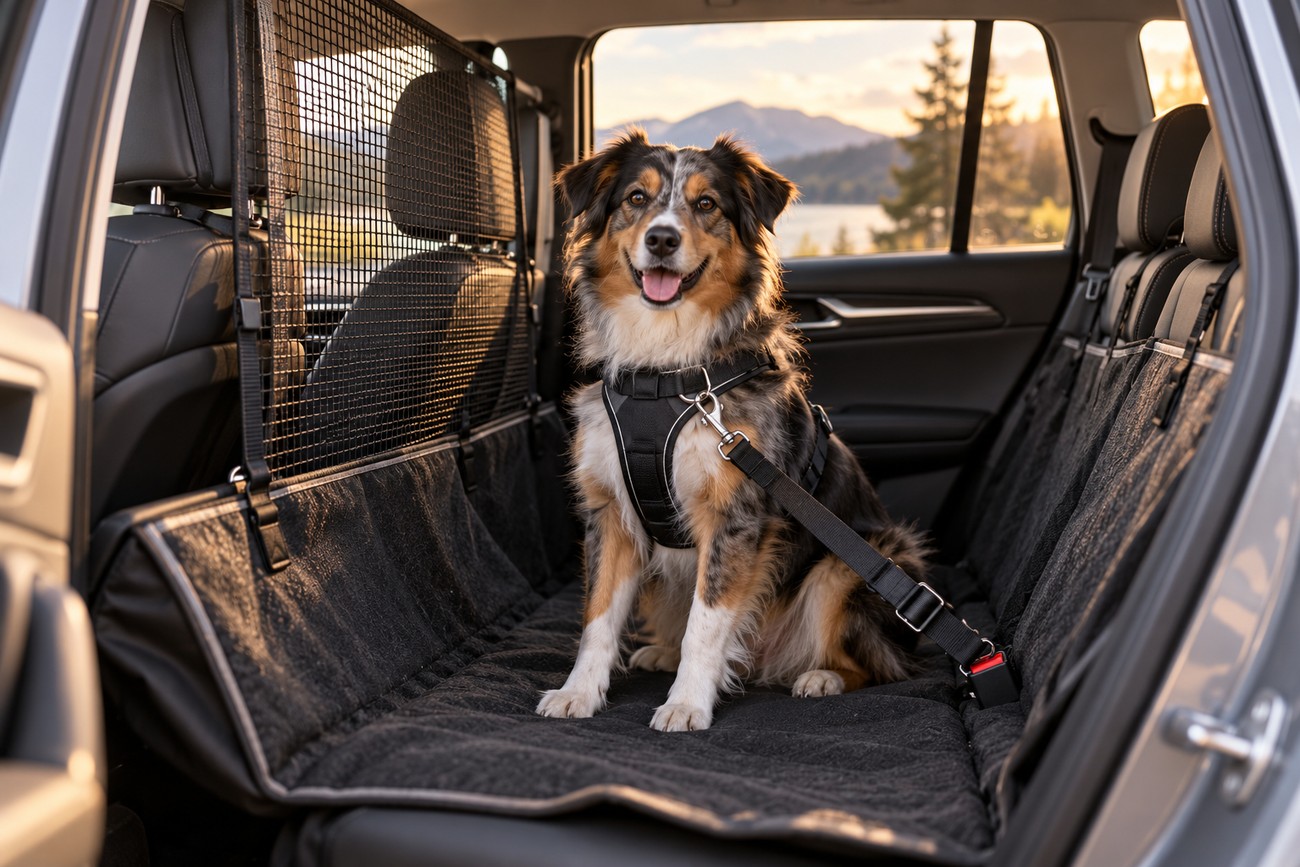 An Australian Shepherd dog sitting on a black pet seat hammock in the backseat of a car next to a mesh pet barrier