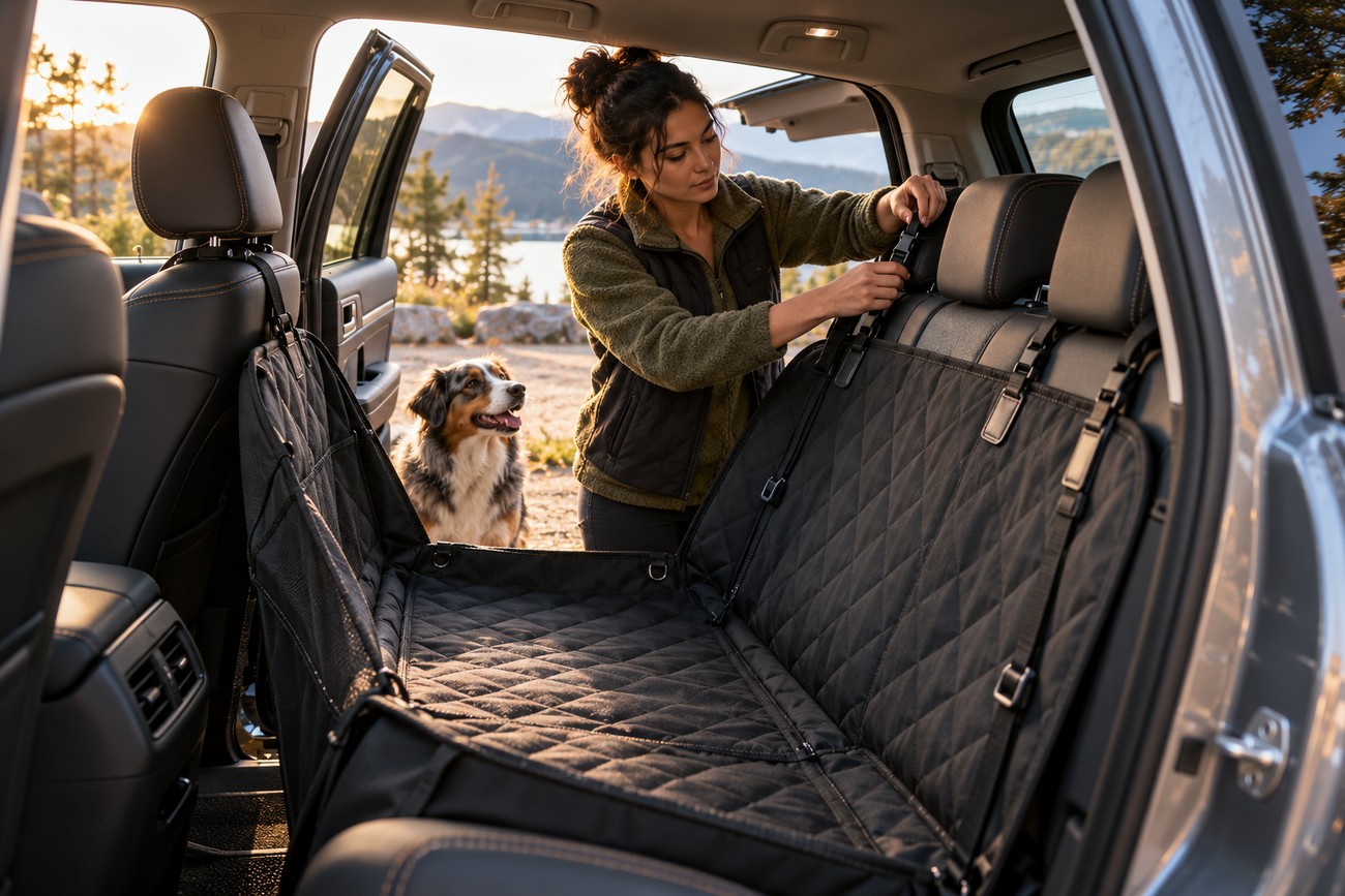 A woman adjusts the straps of a black quilted pet seat hammock installed in the back of an SUV