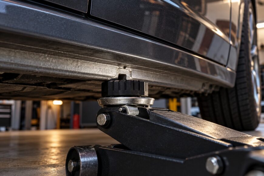 A hydraulic floor jack with a black rubber adapter lifting a dark car by its pinch weld in a garage