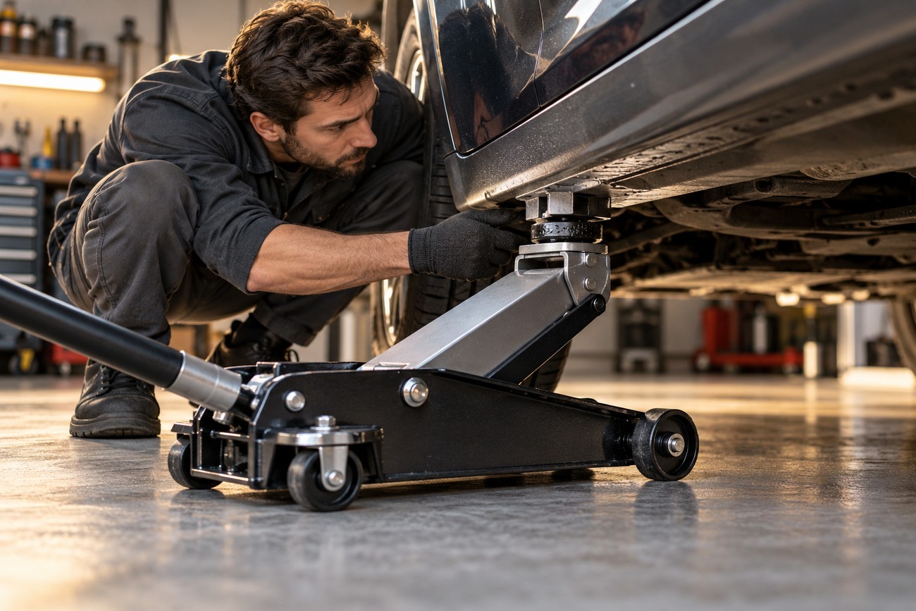 A mechanic in a garage carefully positioning a hydraulic floor jack under the car pinch weld