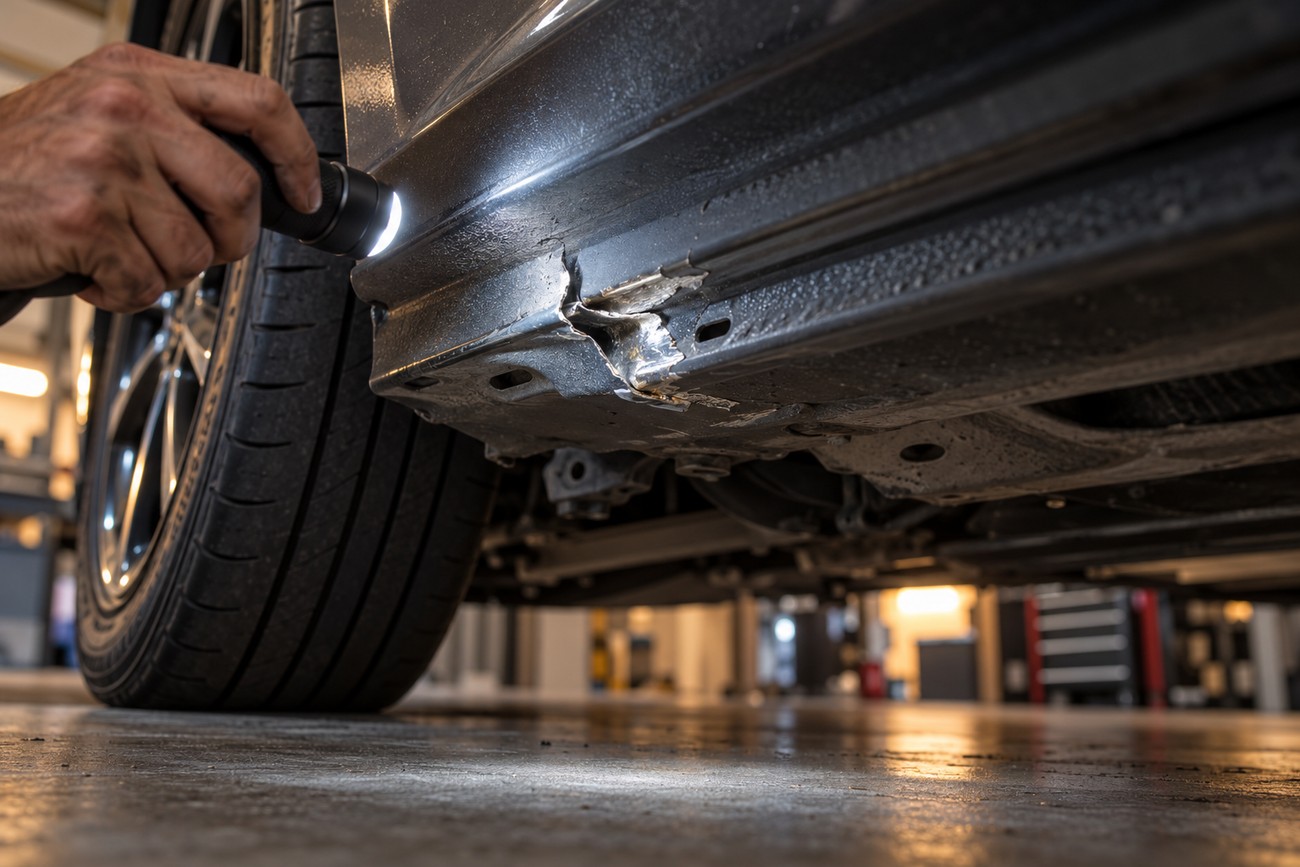 A mechanic inspecting bent metal and jacking damage on a car pinch weld with a flashlight