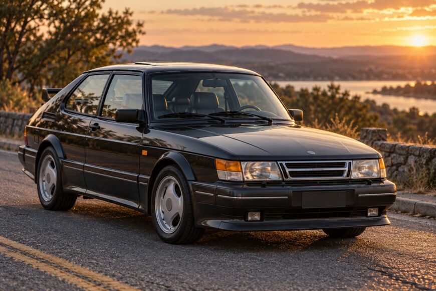 A classic black Saab 900 SPG parked on a scenic asphalt road during sunset with distant hills and water visible in the background