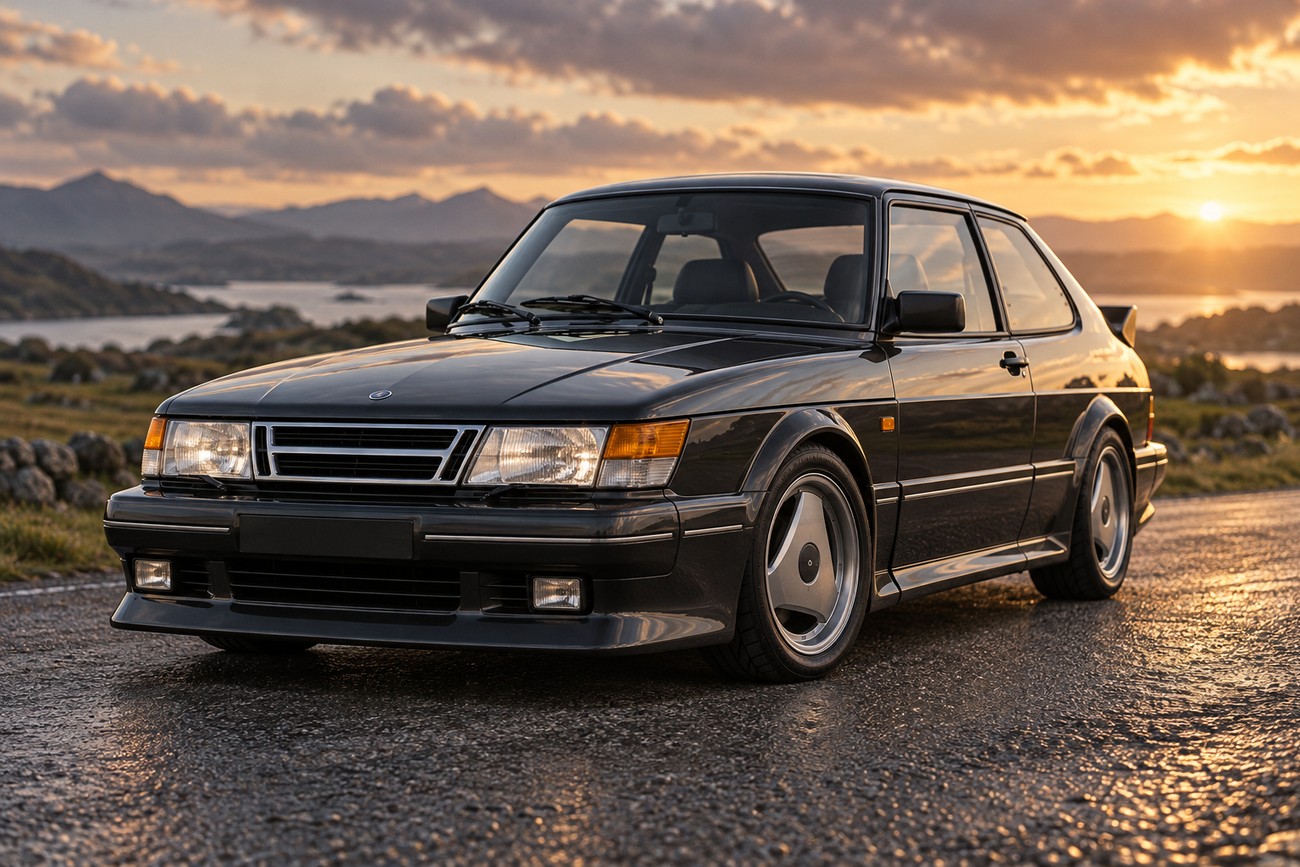 Black Saab 900 SPG parked on a wet coastal road under a dramatic sunset sky with mountains in the background