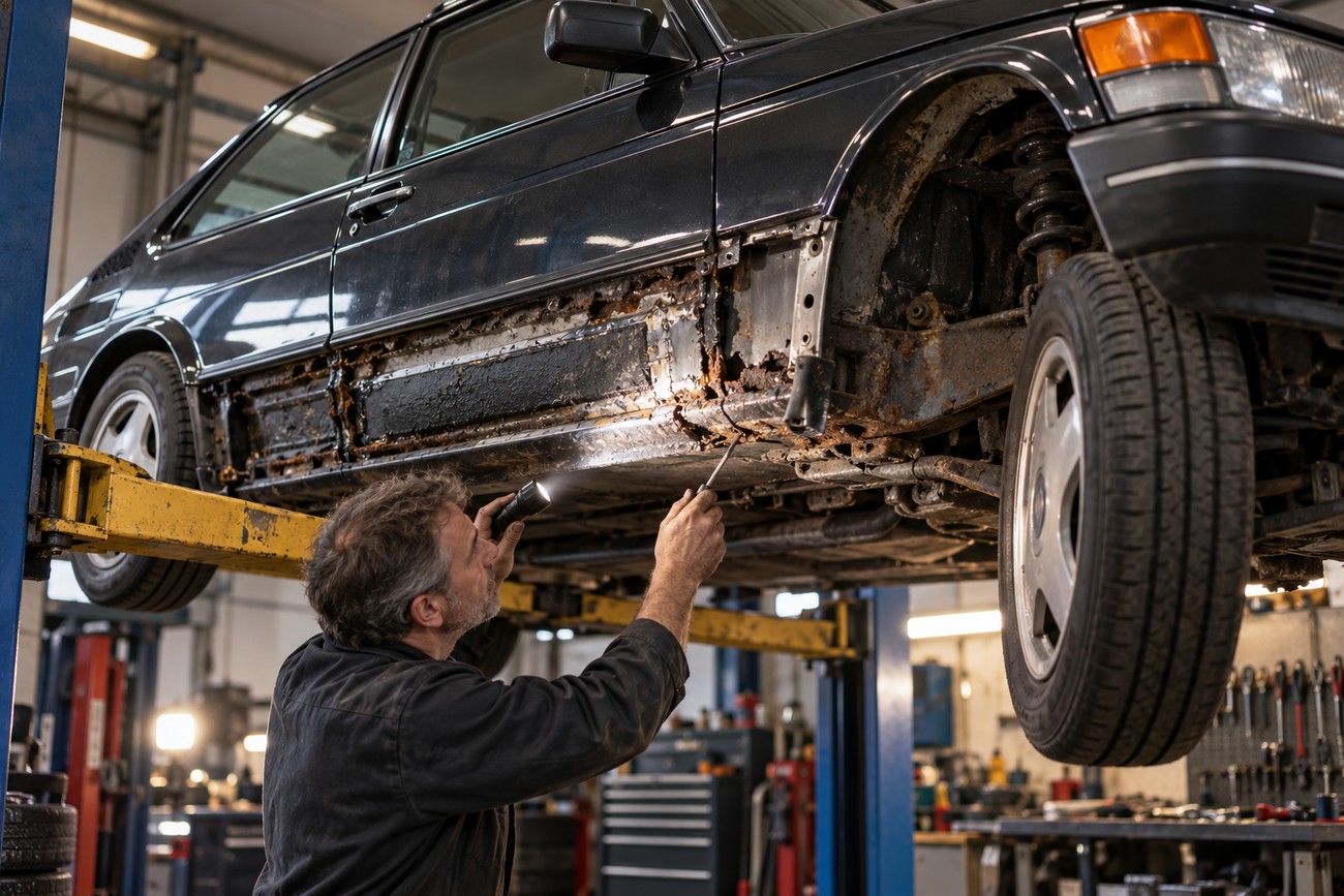 Mechanic holding a flashlight and inspecting severe rust damage on the rocker panel of a Saab 900 SPG lifted in a repair shop