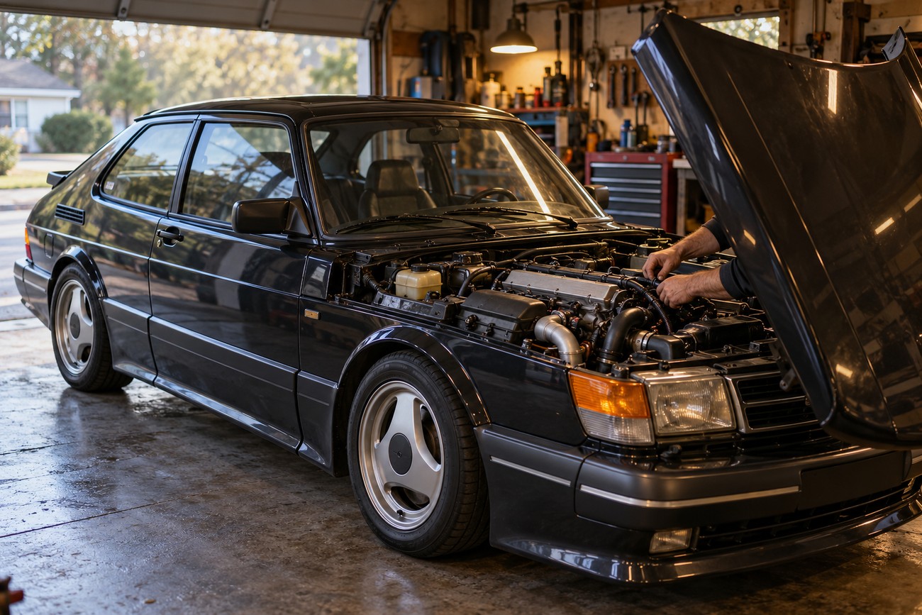 A mechanic working on the engine of a classic black Saab 900 SPG with the hood open inside a garage
