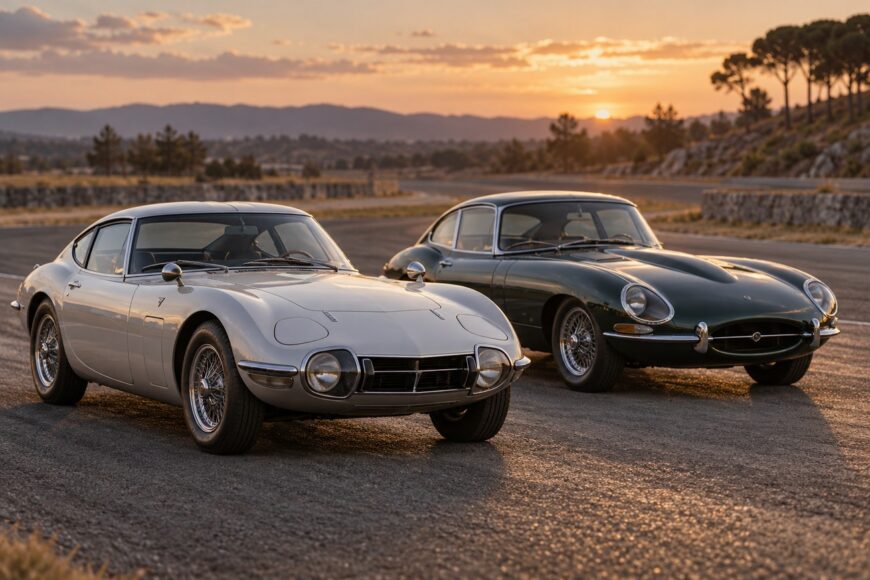 A silver Toyota 2000GT and a dark green Jaguar E-Type parked side by side on an asphalt track at sunset