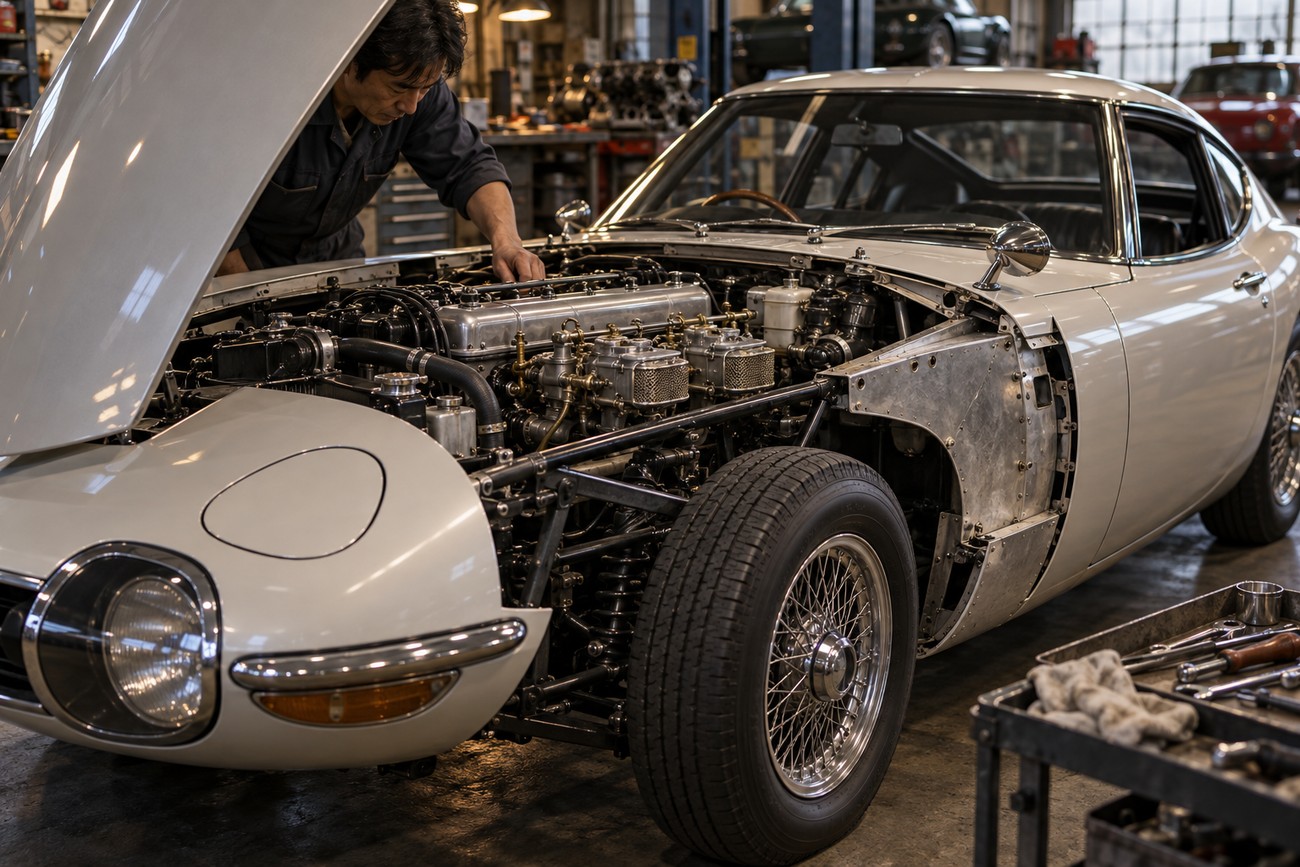 Mechanic working on the engine of a classic white Toyota 2000GT in a vintage repair shop
