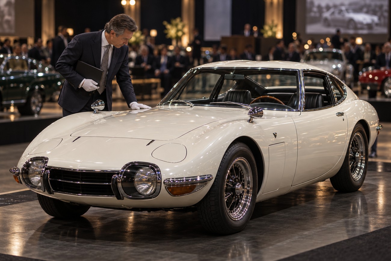 A man in a suit and white gloves examines a classic white Toyota 2000GT sports car at an indoor exhibition