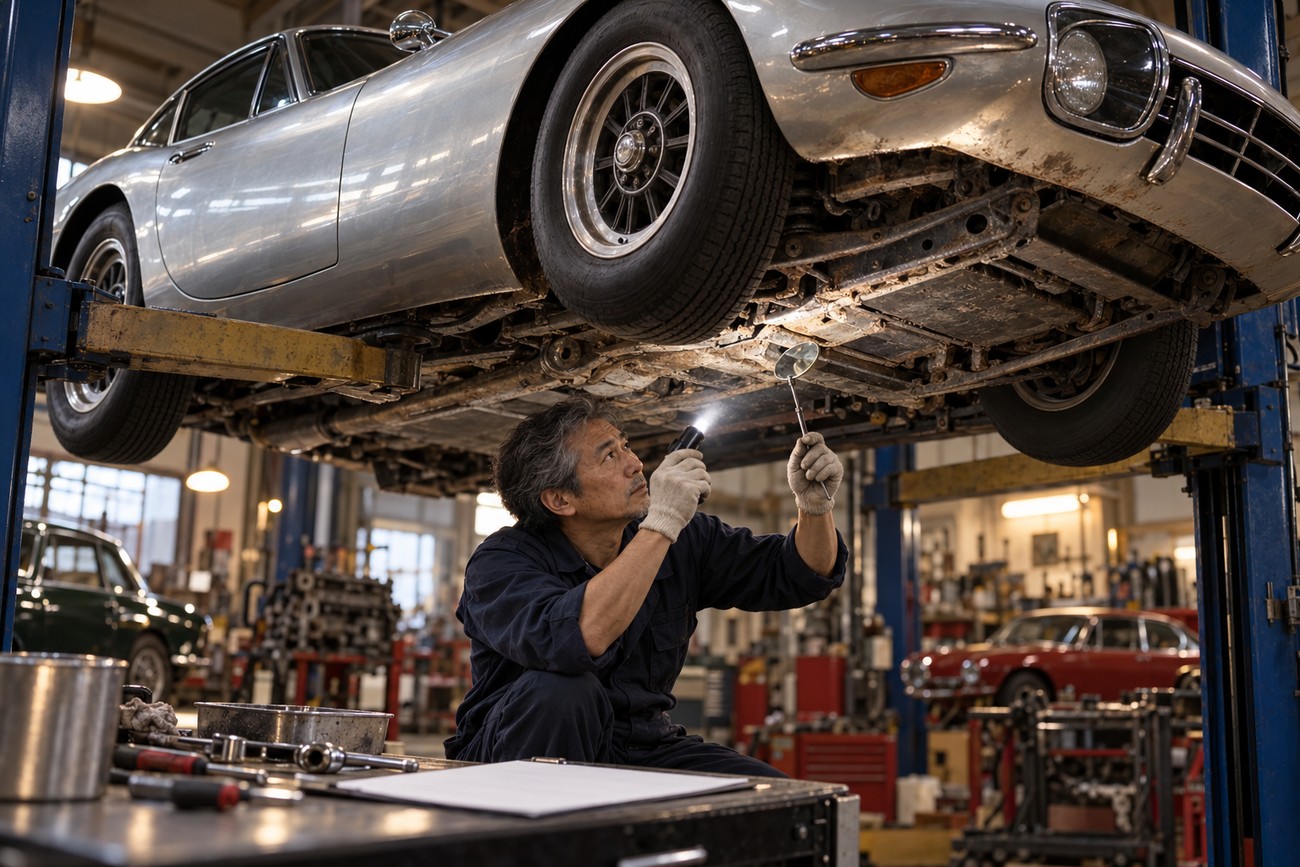A mechanic holding a flashlight while inspecting the undercarriage of a classic silver Toyota 2000GT lifted on a hydraulic hoist in a workshop