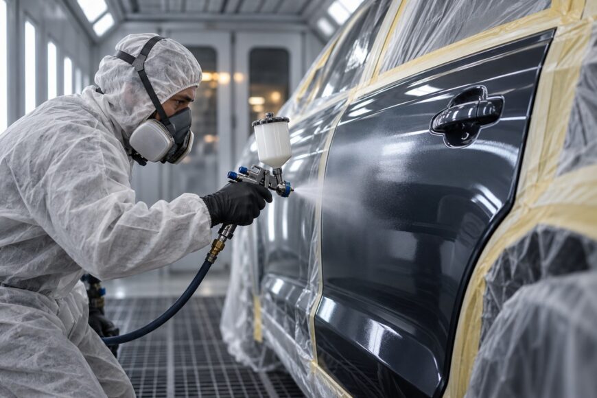 A technician in a protective suit and respirator uses a detail spray gun to apply paint to a car door