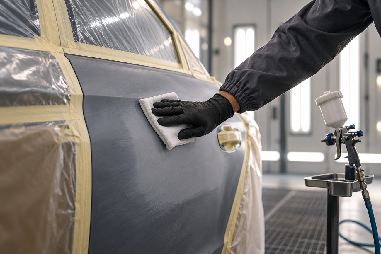 A technician in a workshop wiping down a primed car door with a cloth before using a detail paint gun