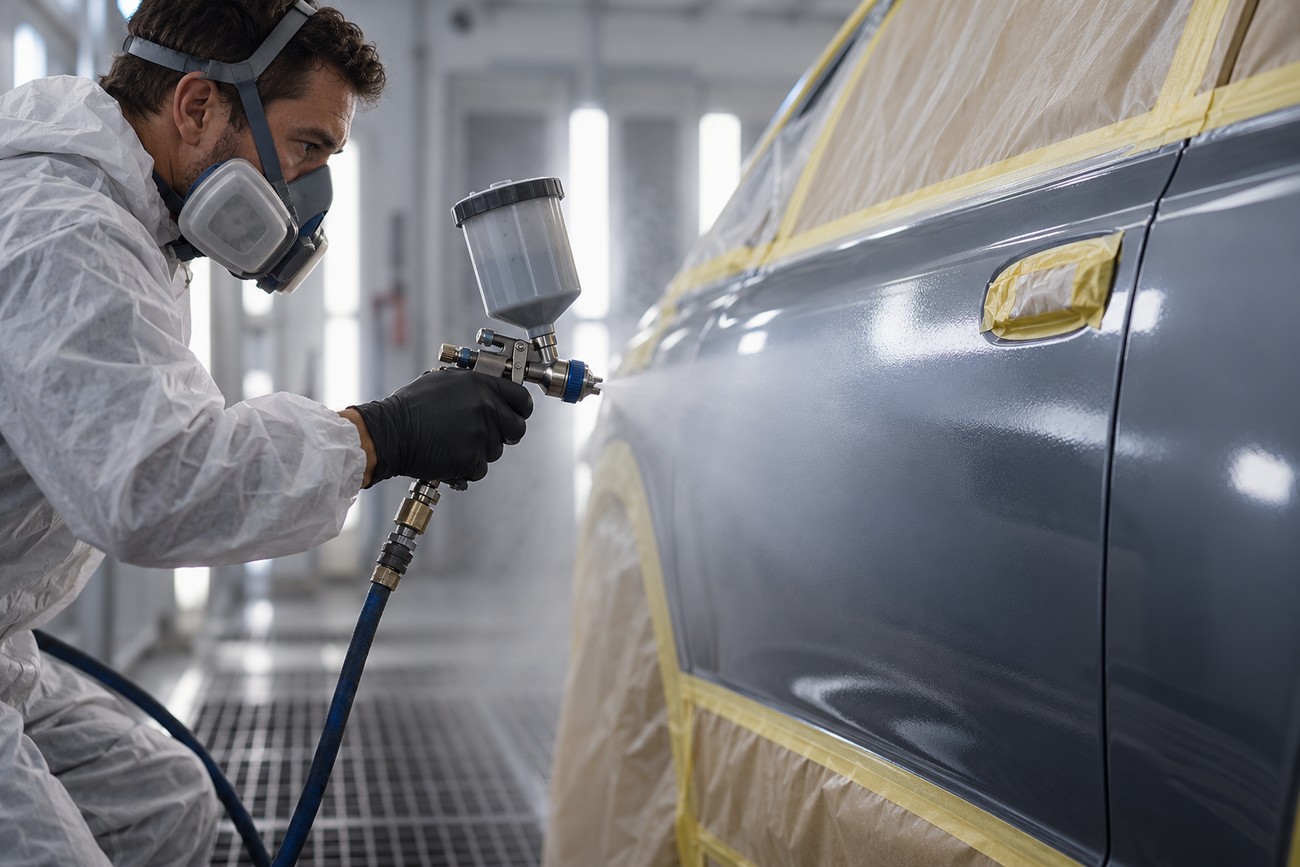 A technician in protective gear uses a detail spray gun to paint a car door in a workshop