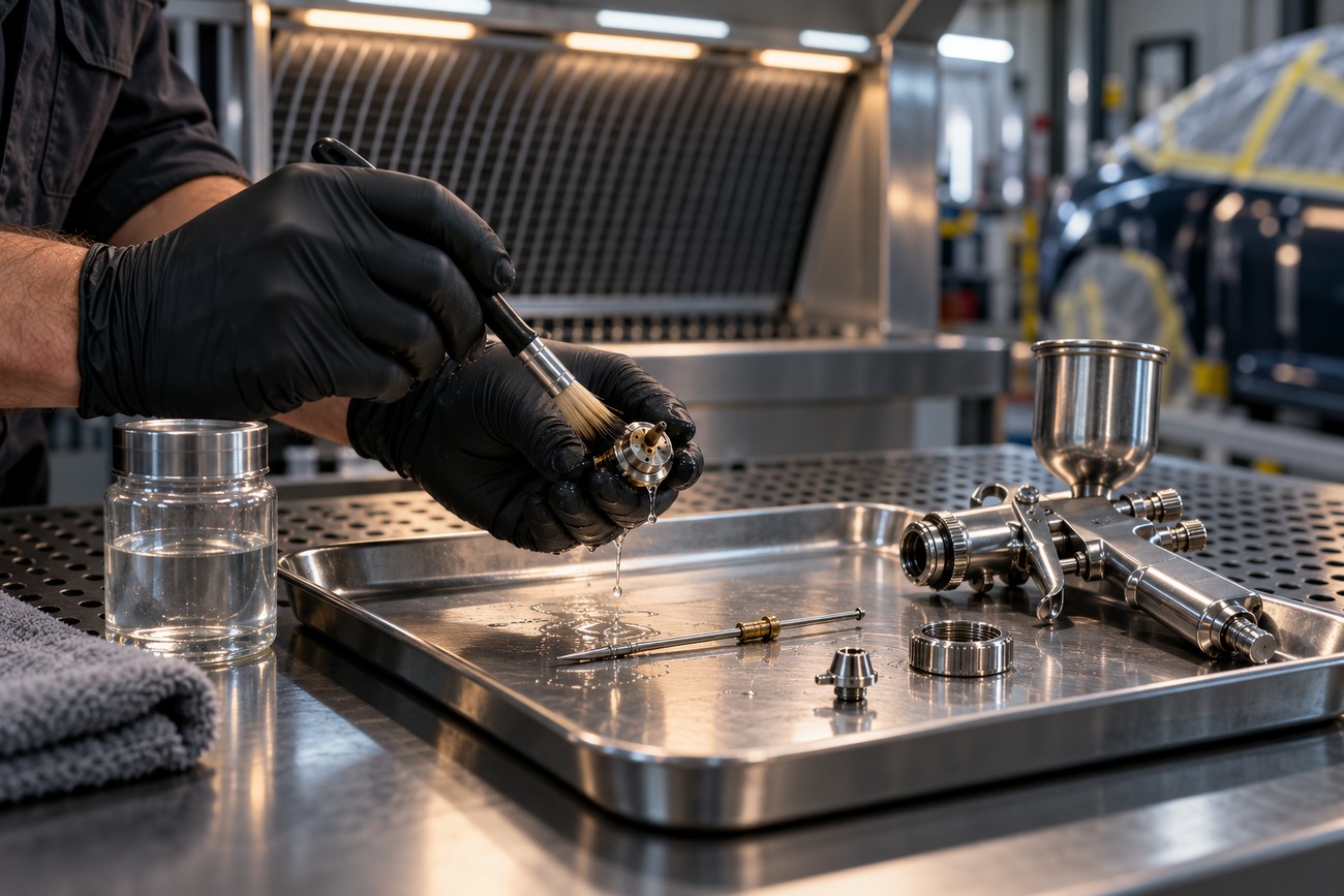 A technician wearing black gloves uses a small brush to clean parts of a detail spray gun over a metal tray
