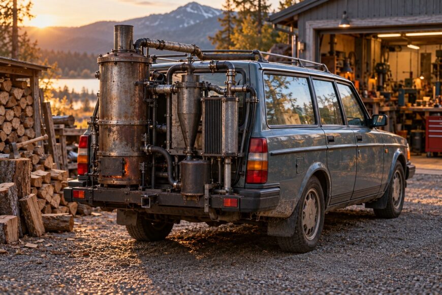 A vintage Volvo 240 station wagon with a large metal wood gas generator and piping system mounted on its rear bumper parked near a stack of firewood during sunset