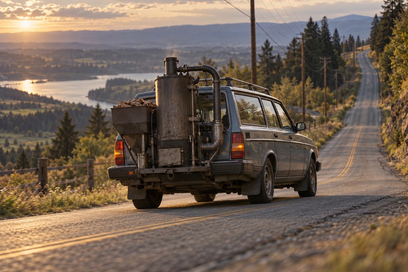 A vintage Volvo 240 station wagon equipped with a rear-mounted wood gas generator driving on a winding asphalt road during sunset