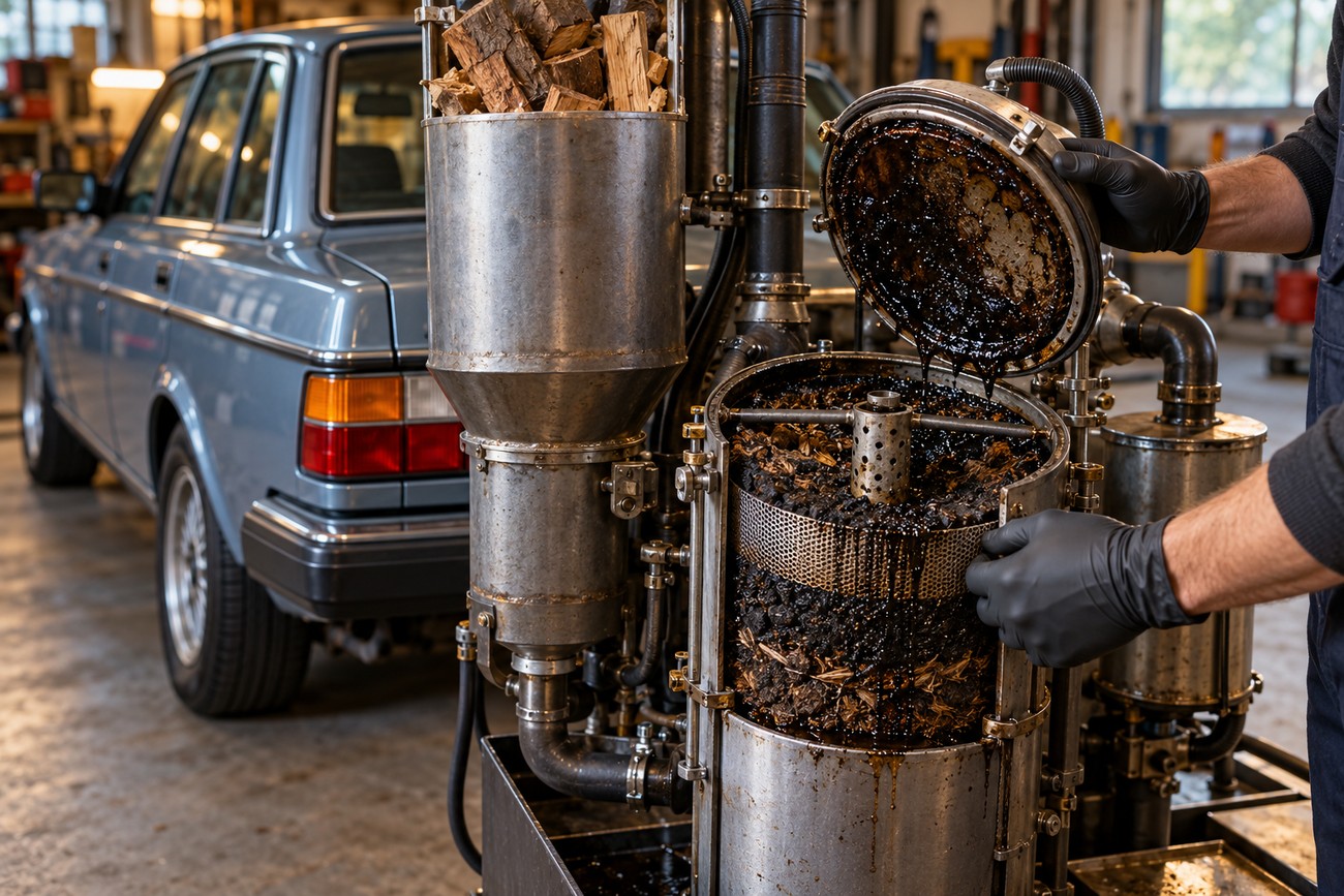Mechanic wearing black gloves opening a metal wood gas generator unit next to a classic blue Volvo 240 station wagon in a garage