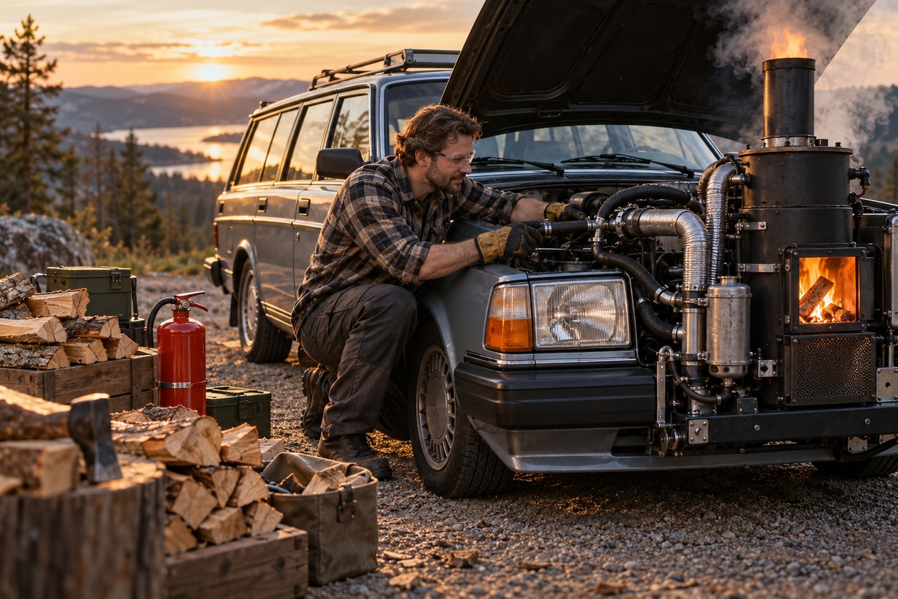 A man wearing plaid and safety glasses adjusts a custom wood gas generator with burning wood installed in a Volvo 240 engine bay outdoors at sunset