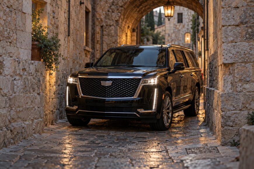 A modern black Cadillac Escalade driving slowly through a narrow medieval cobblestone street framed by old stone walls