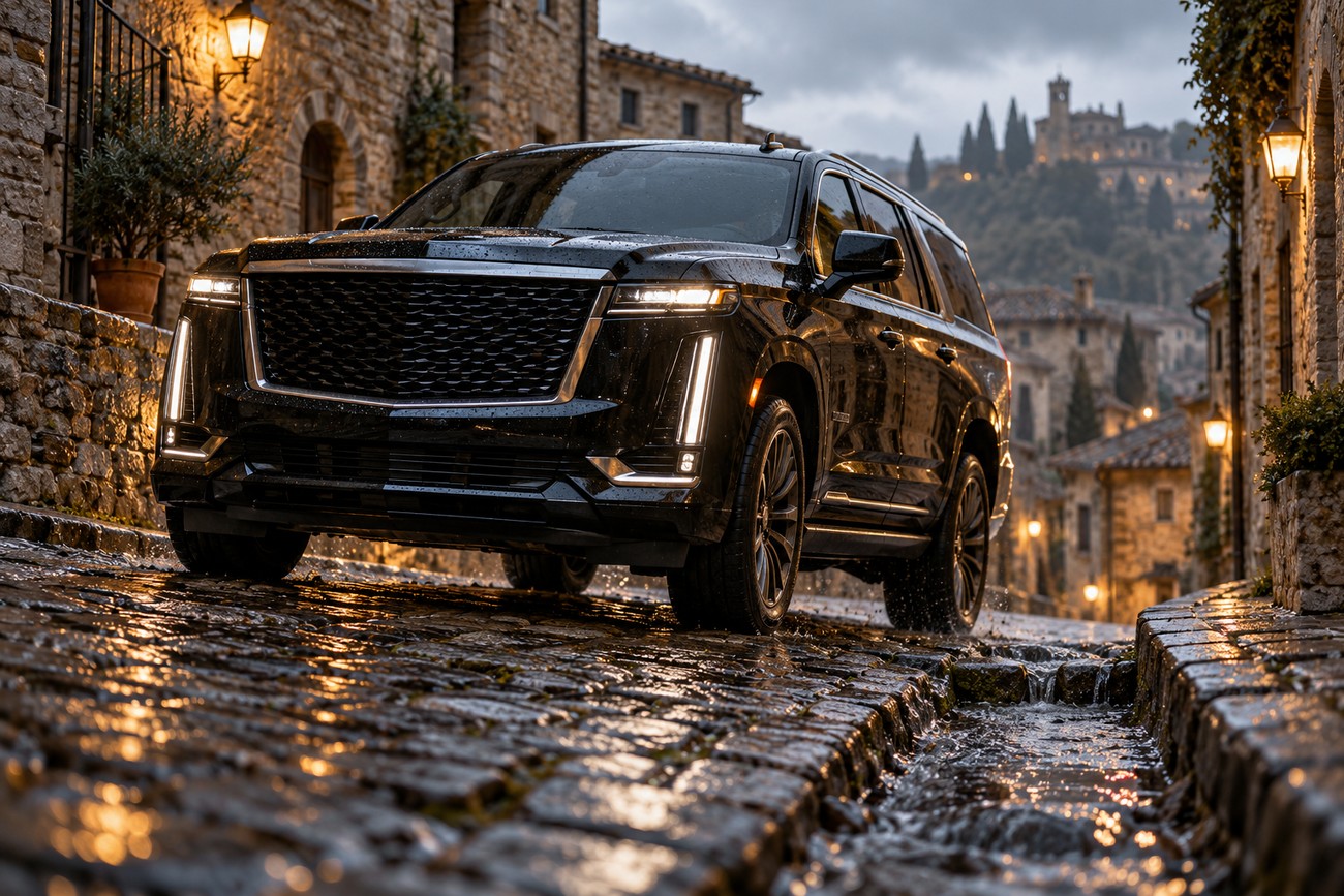 A black Cadillac Escalade drives through narrow wet cobblestone streets in a historic medieval European town