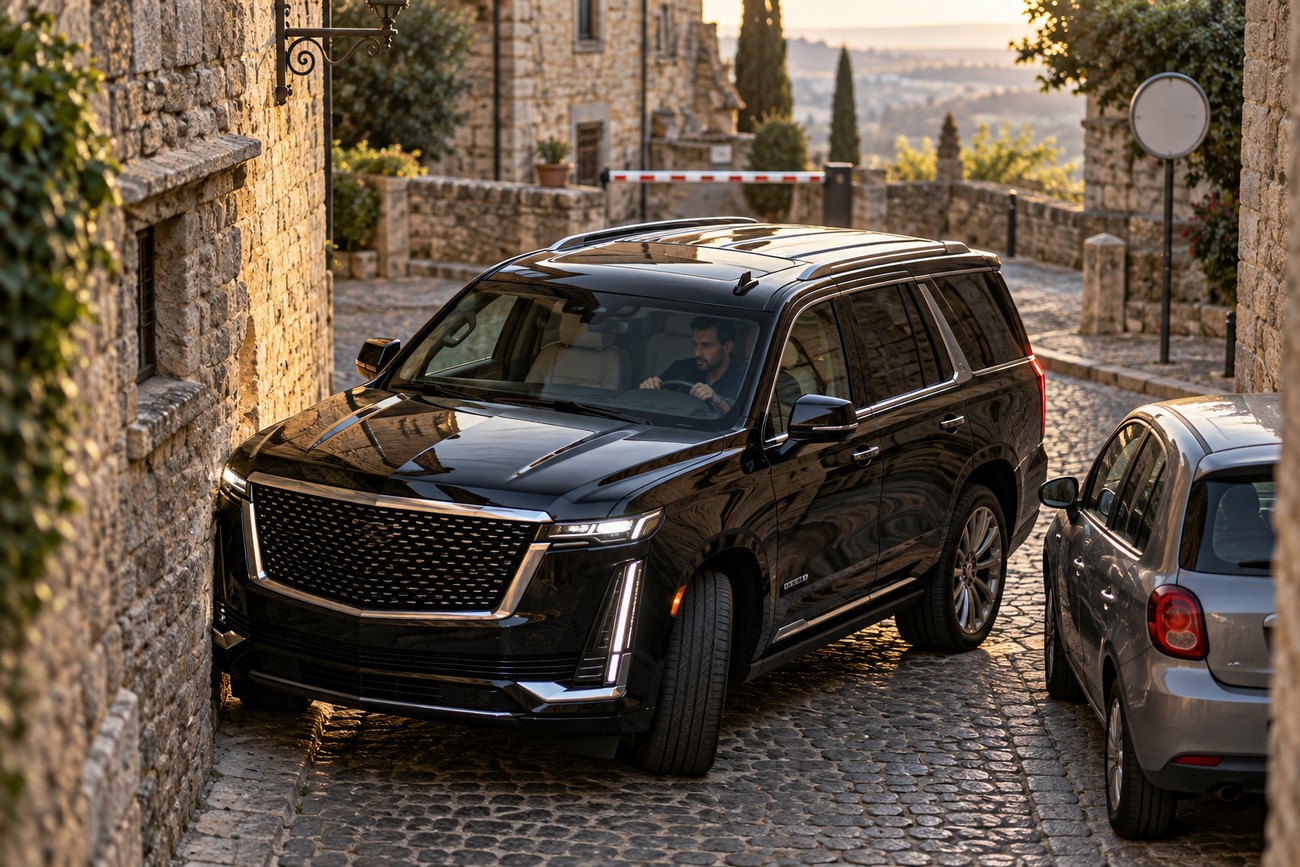 A black Cadillac Escalade slowly driving through a narrow medieval cobblestone street tightly squeezed between old stone buildings