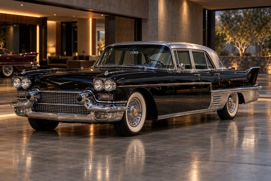 A black vintage 1957 Cadillac Eldorado Brougham luxury sedan parked on a polished concrete floor inside a modern garage
