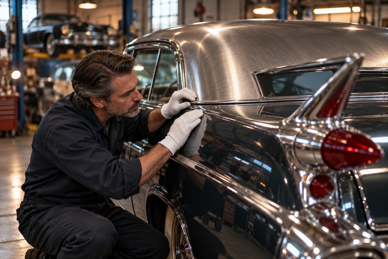 A master craftsman in white gloves inspecting the brushed steel roof and chrome body of a classic 1957 Cadillac Eldorado Brougham in a restoration shop