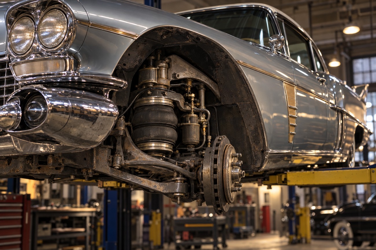 Detailed view of the front air suspension and chassis of a classic blue 1957 Cadillac Eldorado Brougham on a lift in a workshop