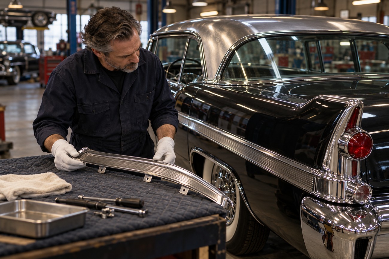 A mechanic wearing white gloves examining a chrome trim piece in a restoration shop with a classic 1957 Cadillac Eldorado Brougham