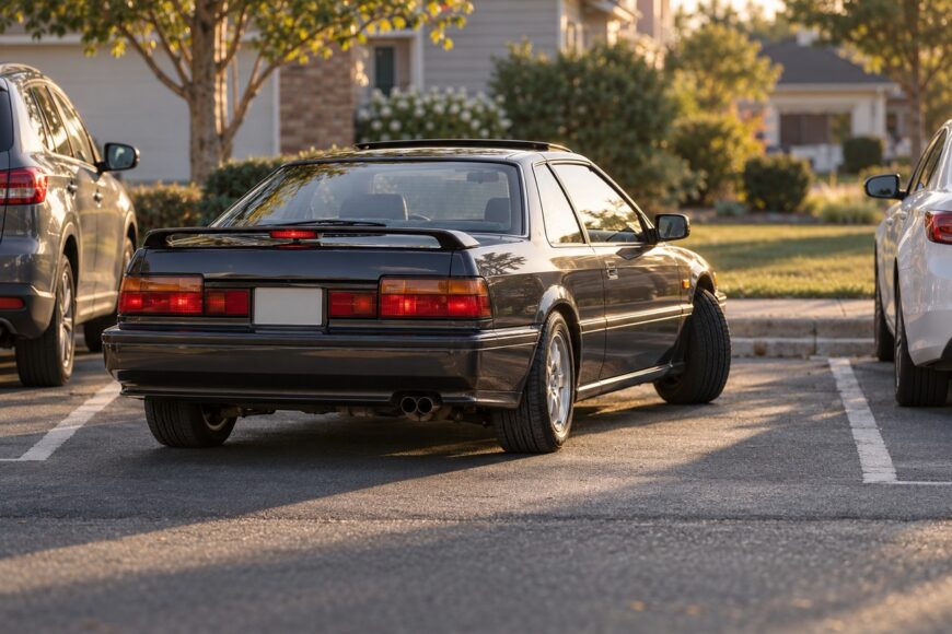 Rear view of a dark gray Honda Prelude parked in a residential parking lot with visible 4WS rear wheel angle