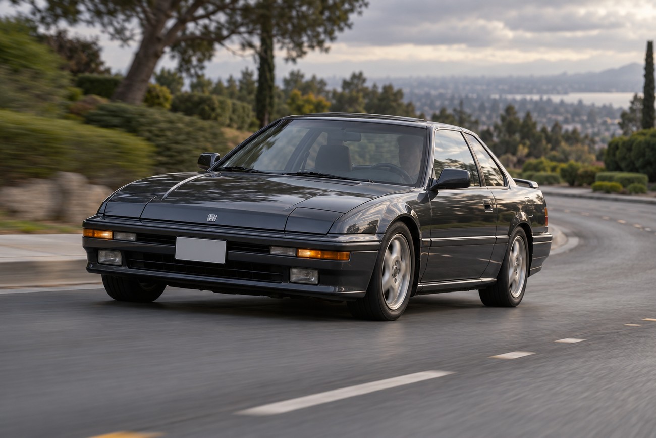A dark grey Honda Prelude coupe driving dynamically along a winding asphalt road with motion blur