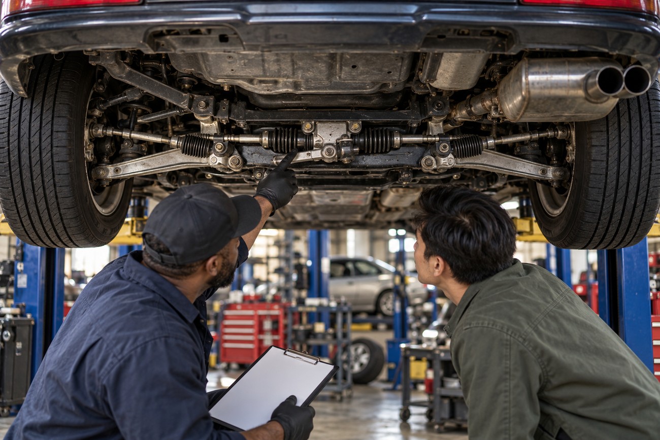Two mechanics examining the rear steering rack and suspension undercarriage of a Honda Prelude on a lift