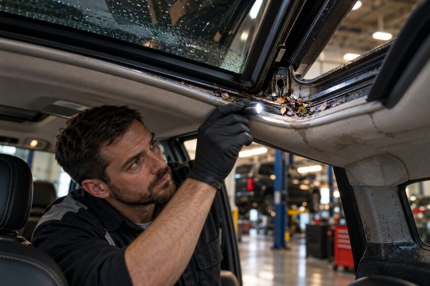 A mechanic wearing black gloves uses a flashlight to inspect debris and water damage inside a car sunroof drain