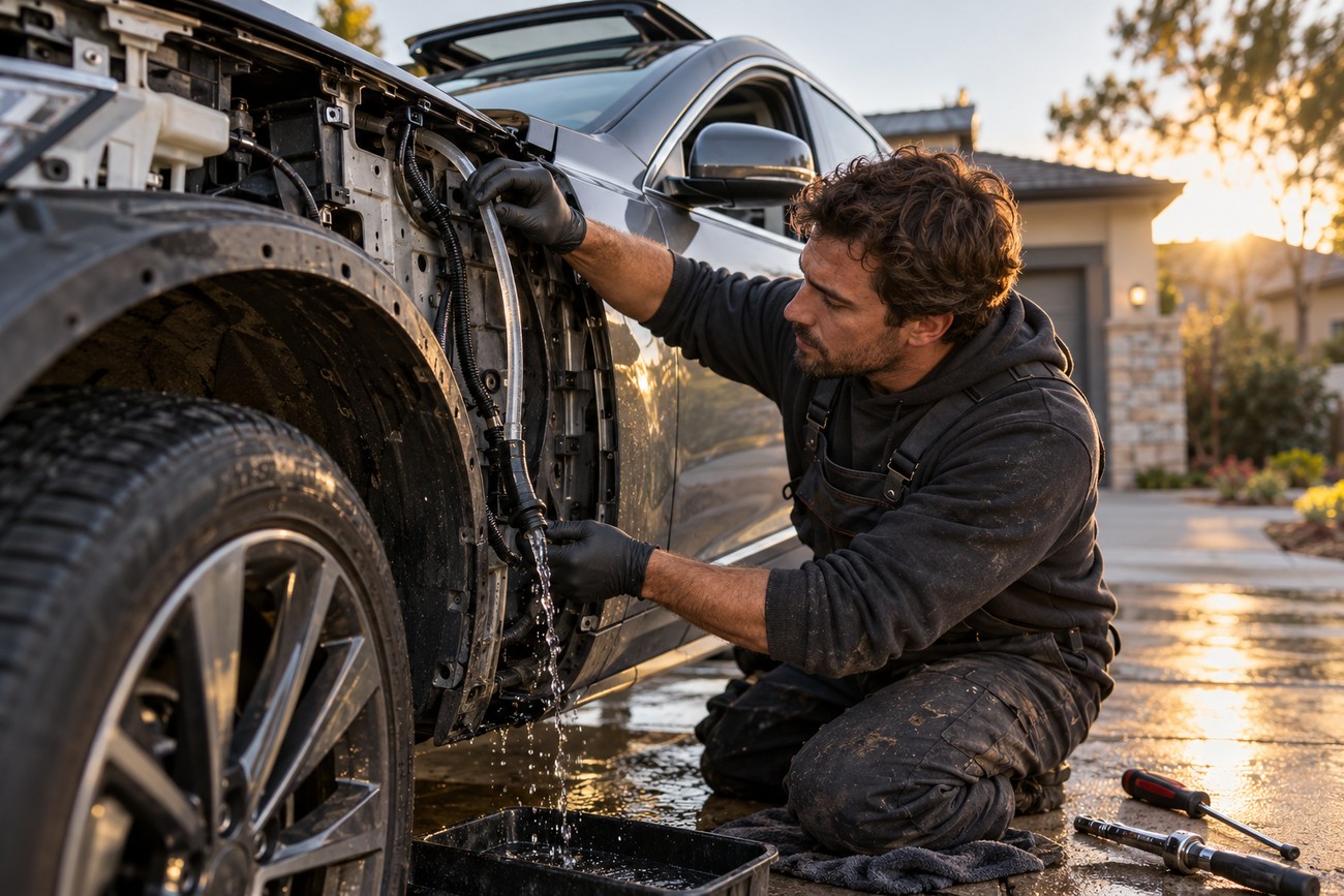 Mechanic wearing black gloves inspects a transparent sunroof drain hose leaking water into a tray near the car wheel