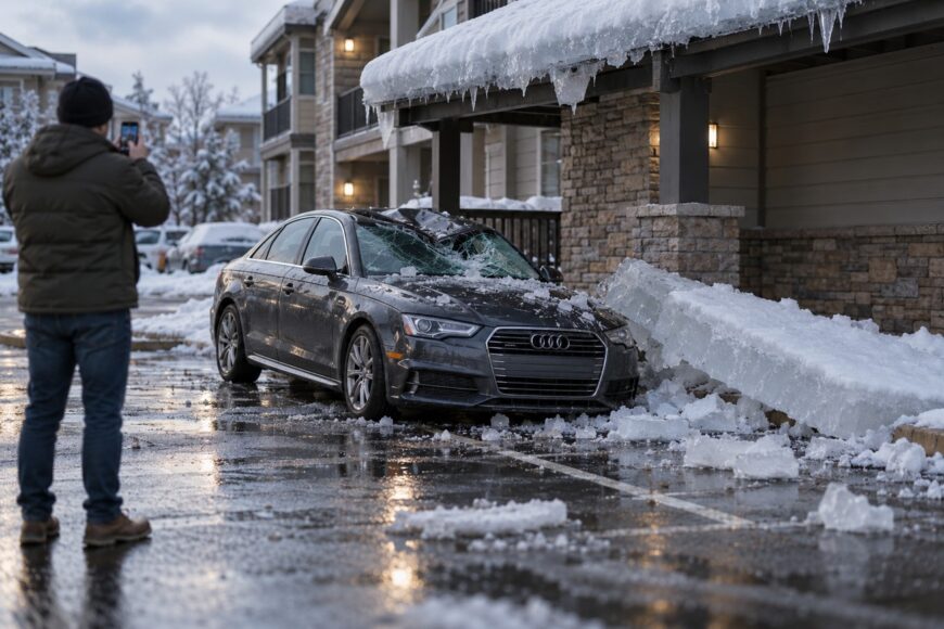 Man taking pictures of a dark Audi A4 with a smashed windshield and roof caused by falling ice
