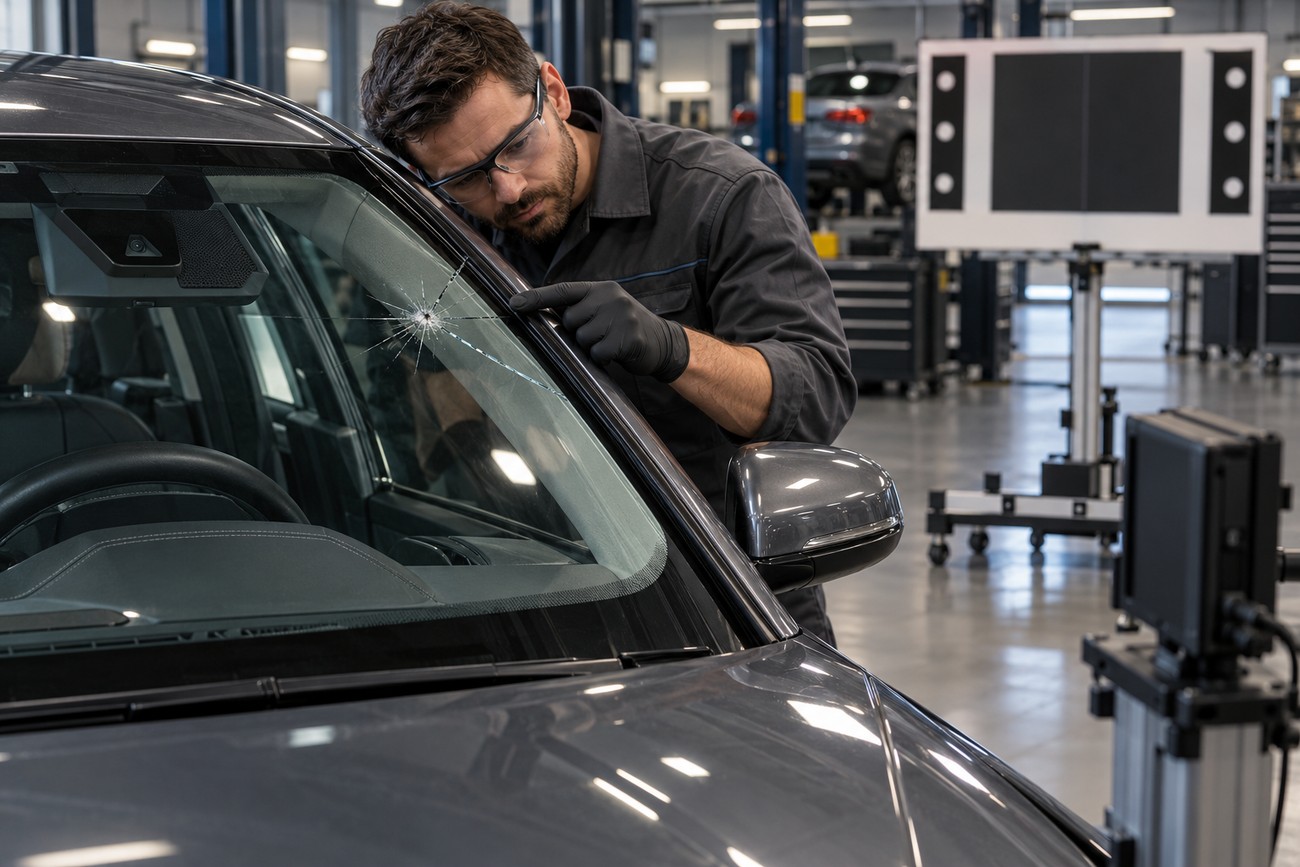 Mechanic in safety glasses inspects a shattered windshield on an Audi A4 at a repair shop