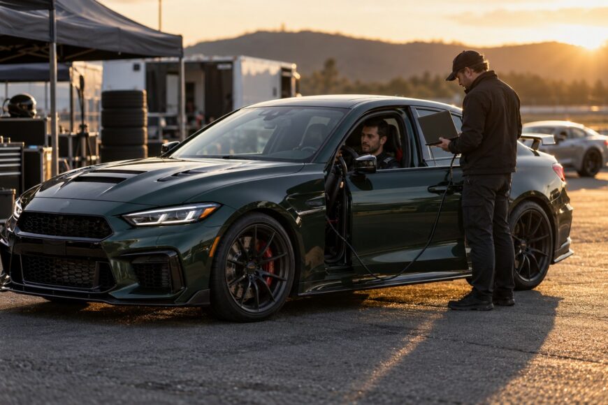 A technician holding a laptop stands next to a dark green sports car while configuring ECU settings with the driver sitting inside