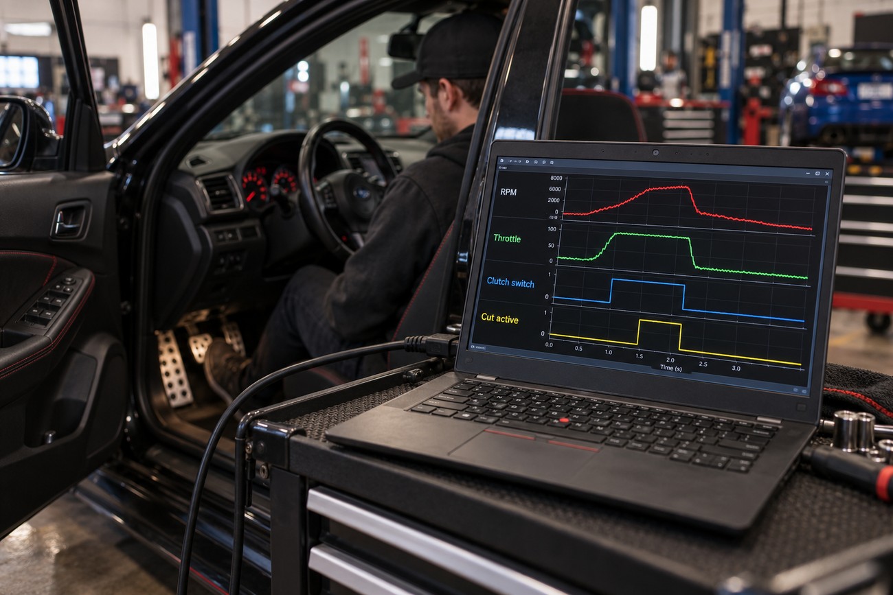 A laptop on a tool cart displaying engine tuning charts with a mechanic sitting inside a car in a workshop