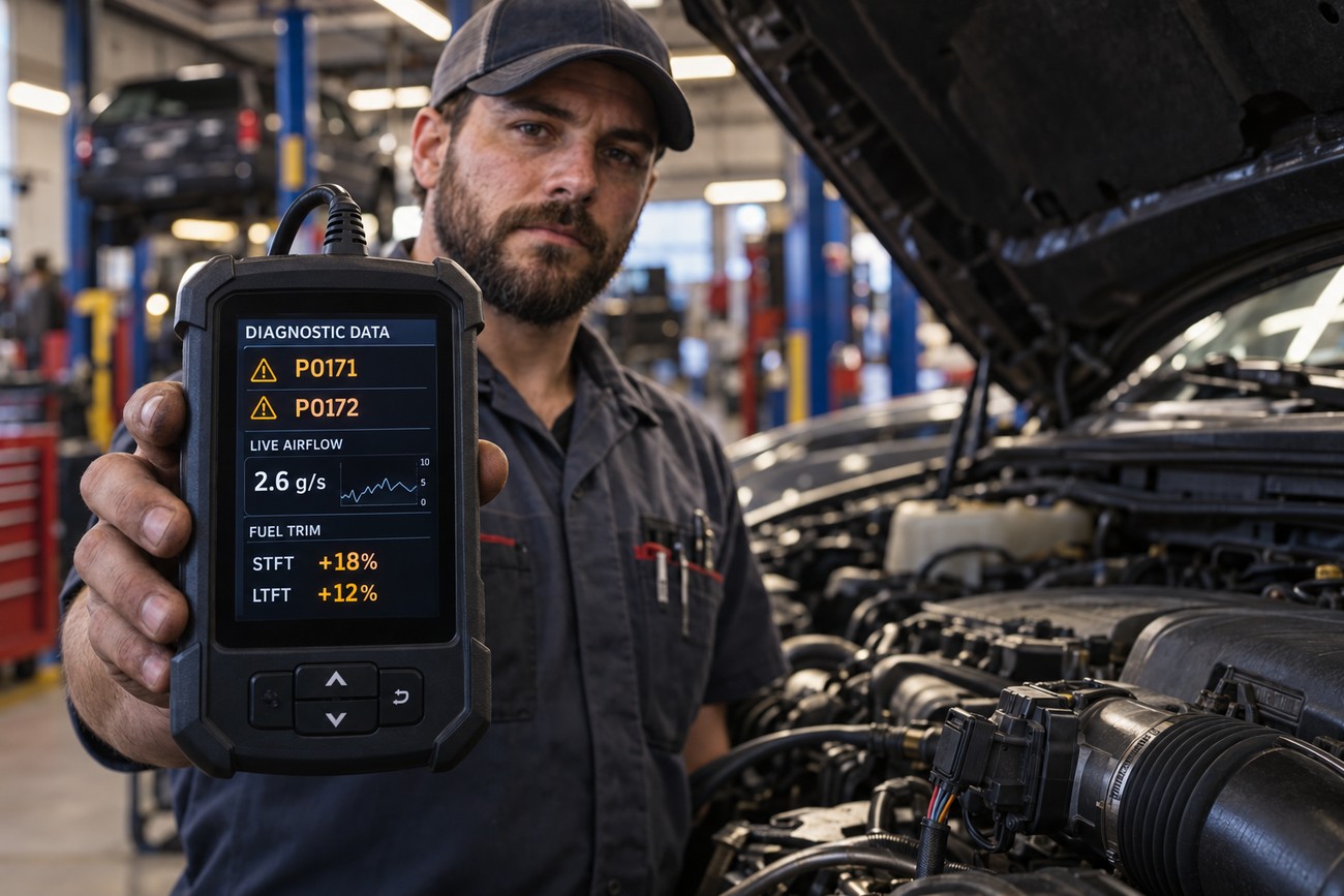 A mechanic in a repair shop holding up a diagnostic scanner displaying live airflow data and engine codes