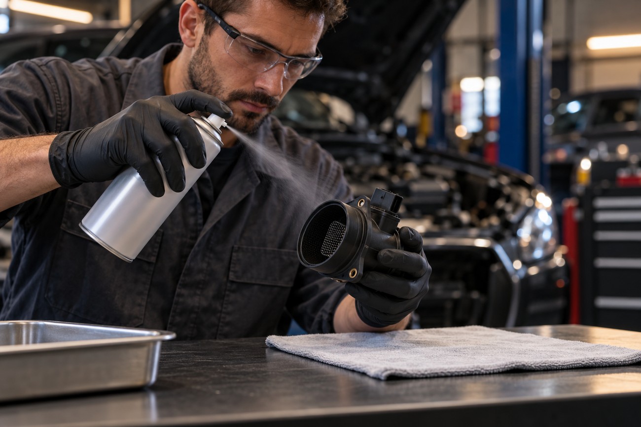 Mechanic wearing protective glasses and black gloves spraying cleaner onto a mass airflow sensor on a workbench