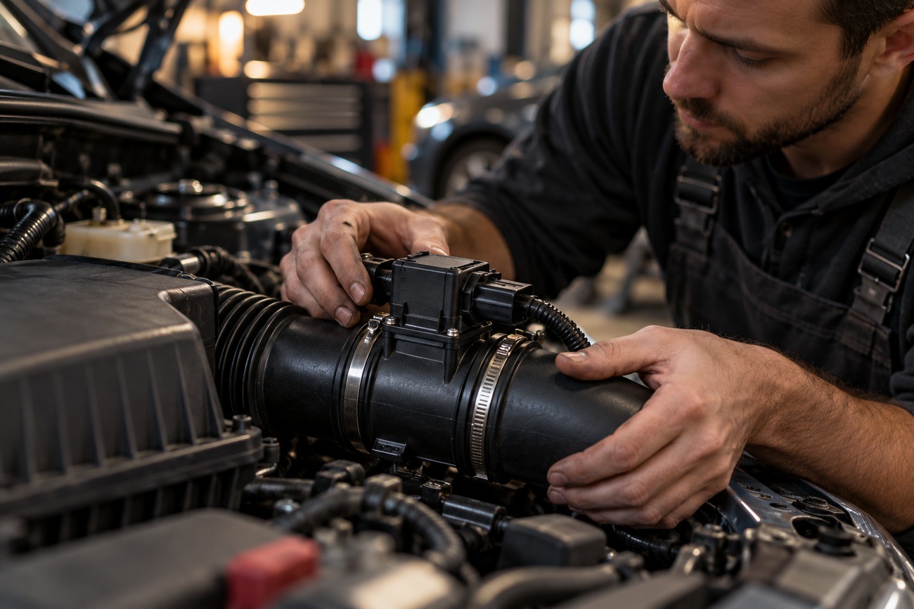 Mechanic in overalls examining a mass airflow sensor connected to the air intake hose in an engine bay