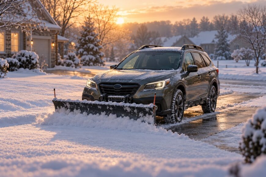 A green Subaru Outback with a front plow attachment clearing snow from a residential driveway at sunrise