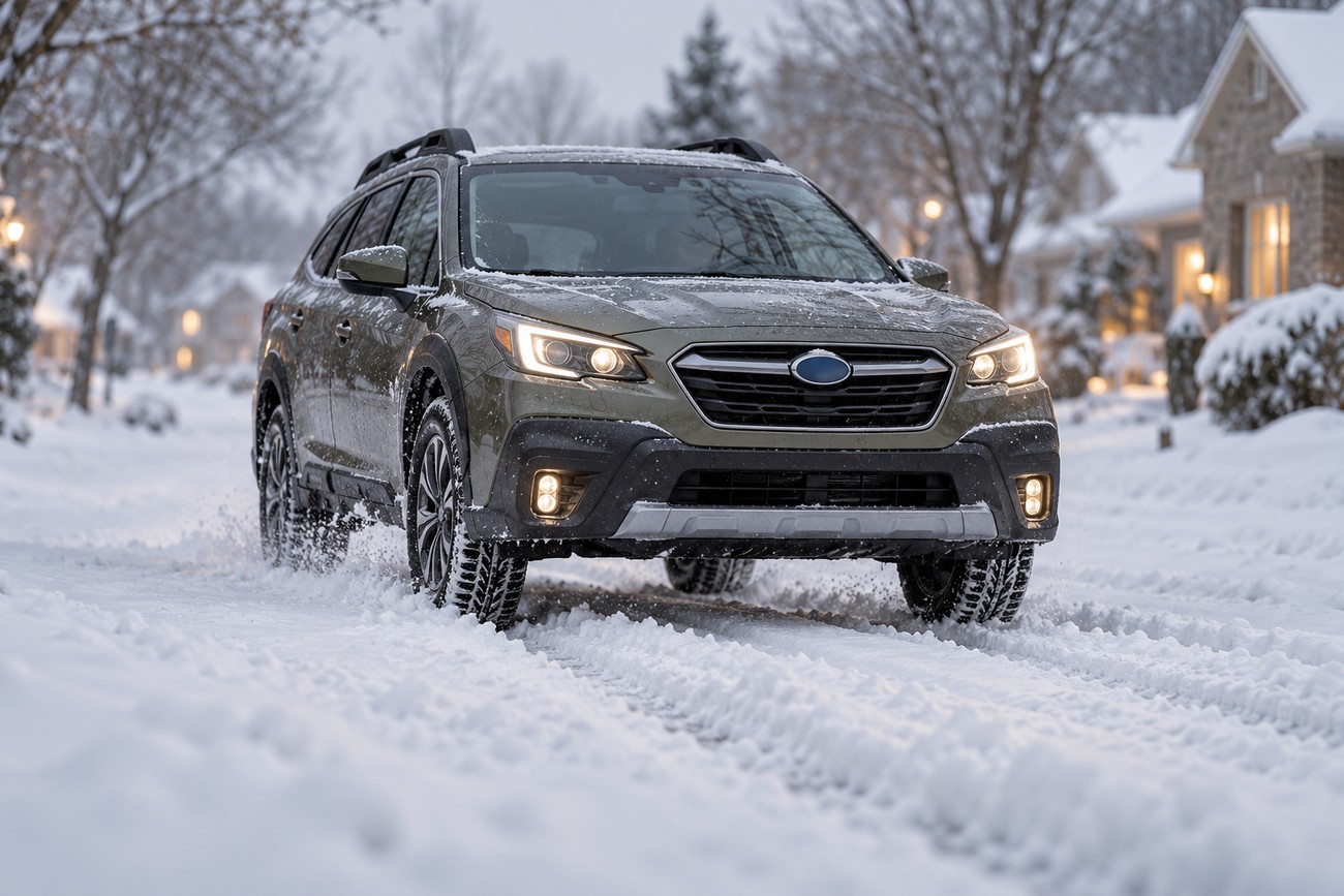 Green Subaru Outback driving through deep snow on a residential winter street