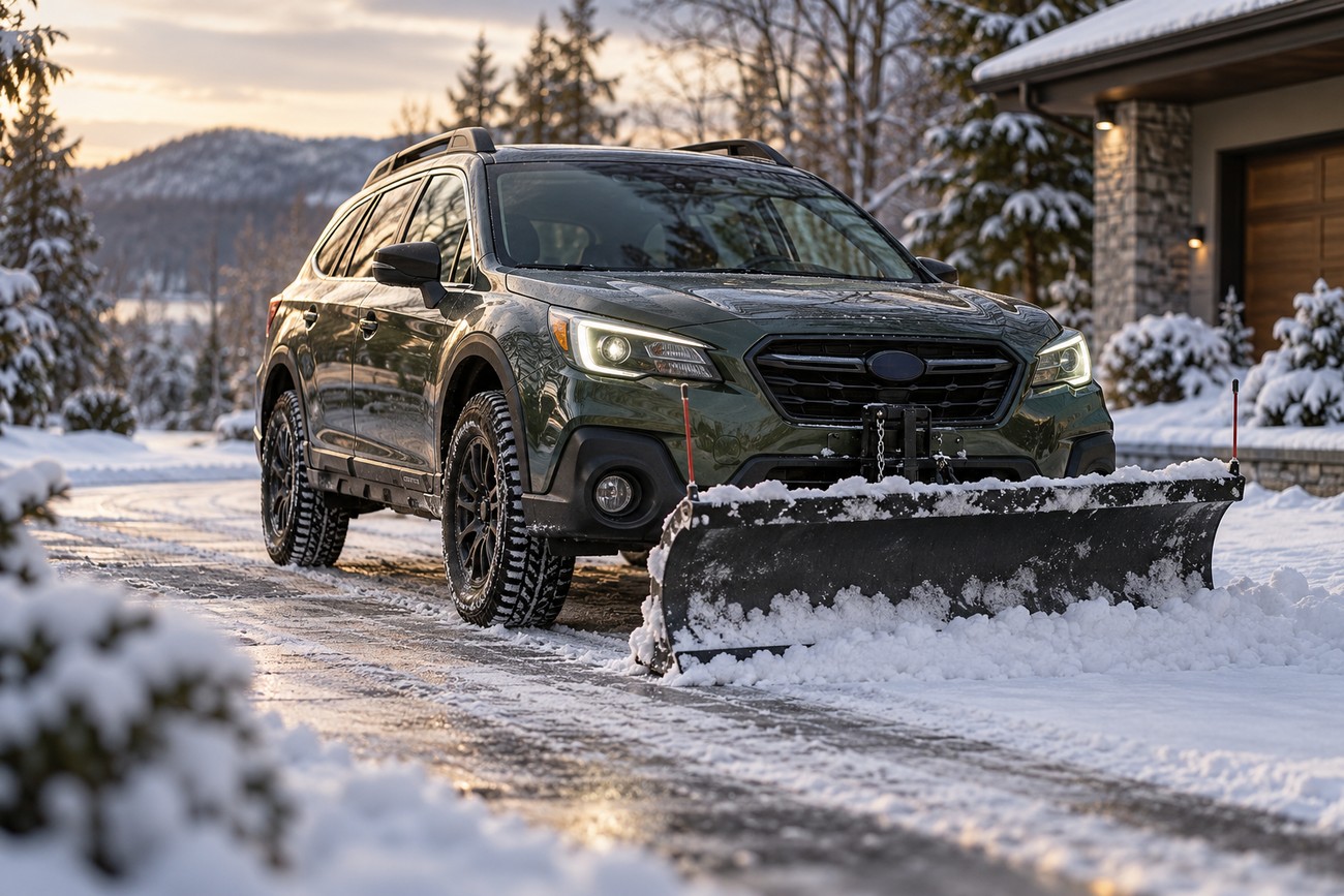 A dark green Subaru Outback with a mounted snowplow clearing snow on a residential driveway in winter