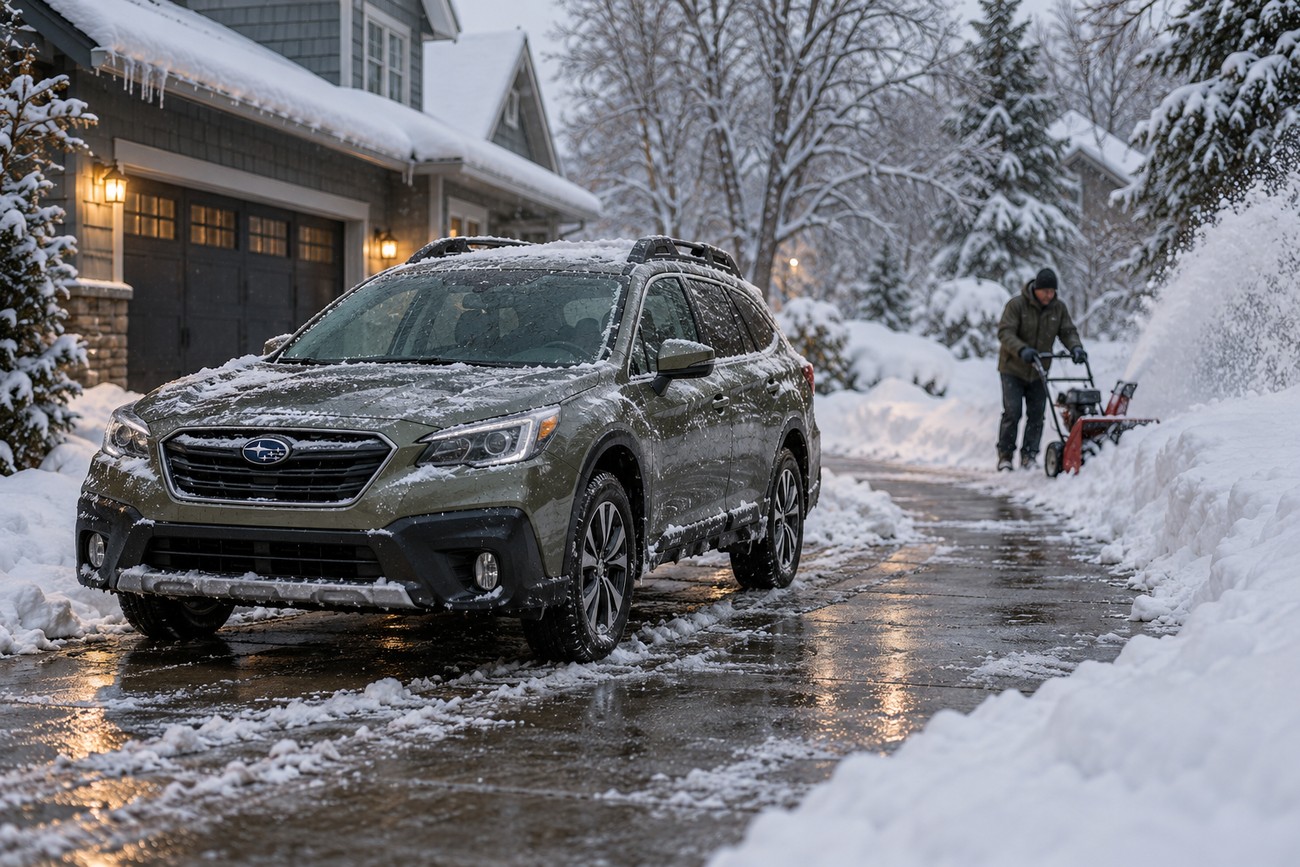 Green Subaru Outback parked on a snow covered suburban driveway with a person operating a snowblower in the background