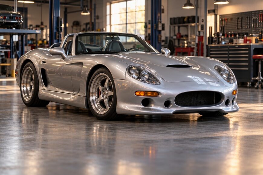 A silver Shelby Series 1 roadster parked on the polished concrete floor of a mechanic's garage