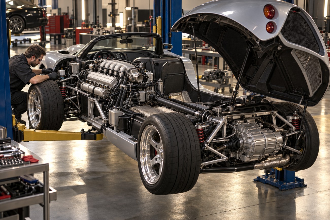 Mechanic working on the exposed engine and chassis of a Shelby Series 1 sports car on a lift